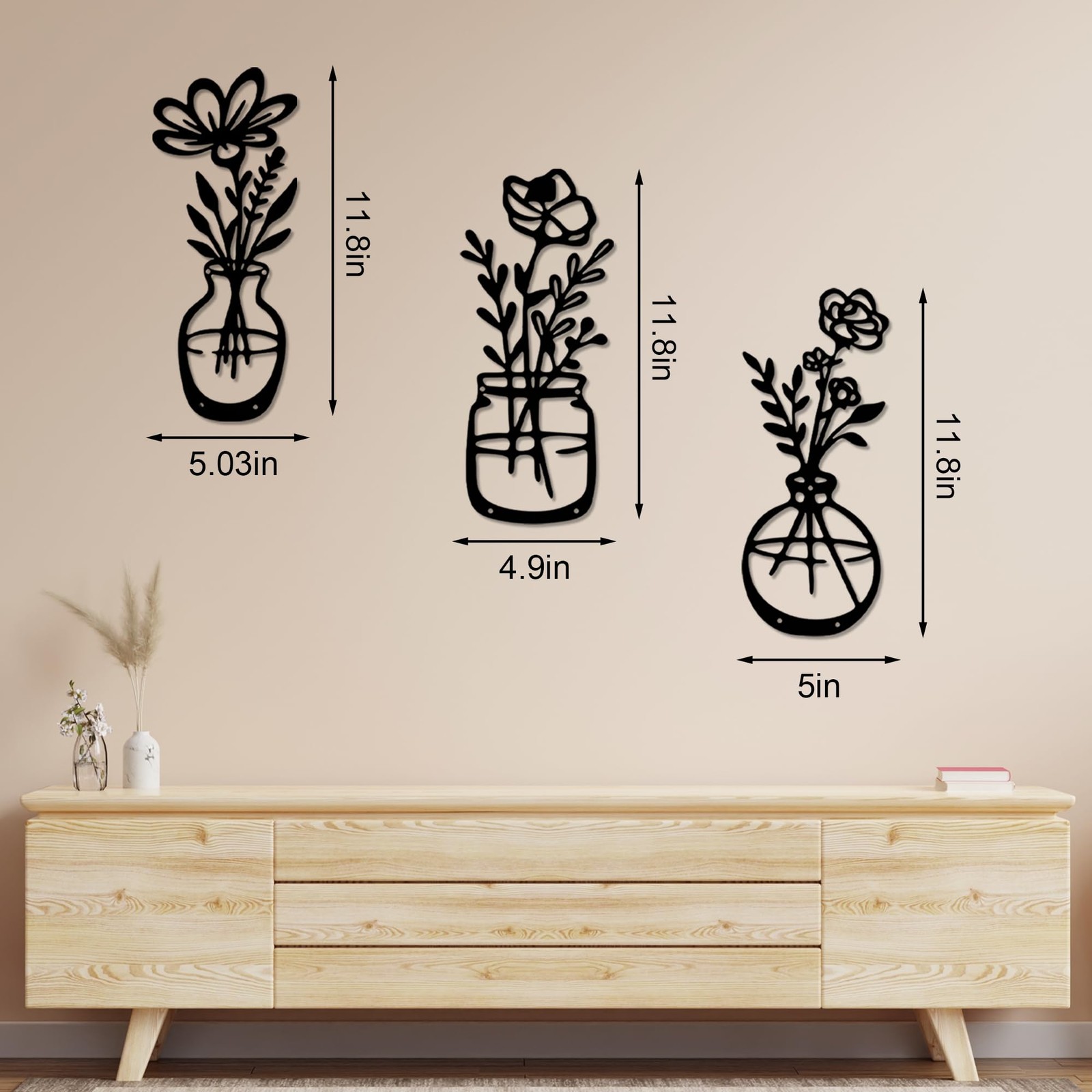 3 PCS Matte Black Metal Flower Wall Art Decor Living Room Bedroom Kitchen