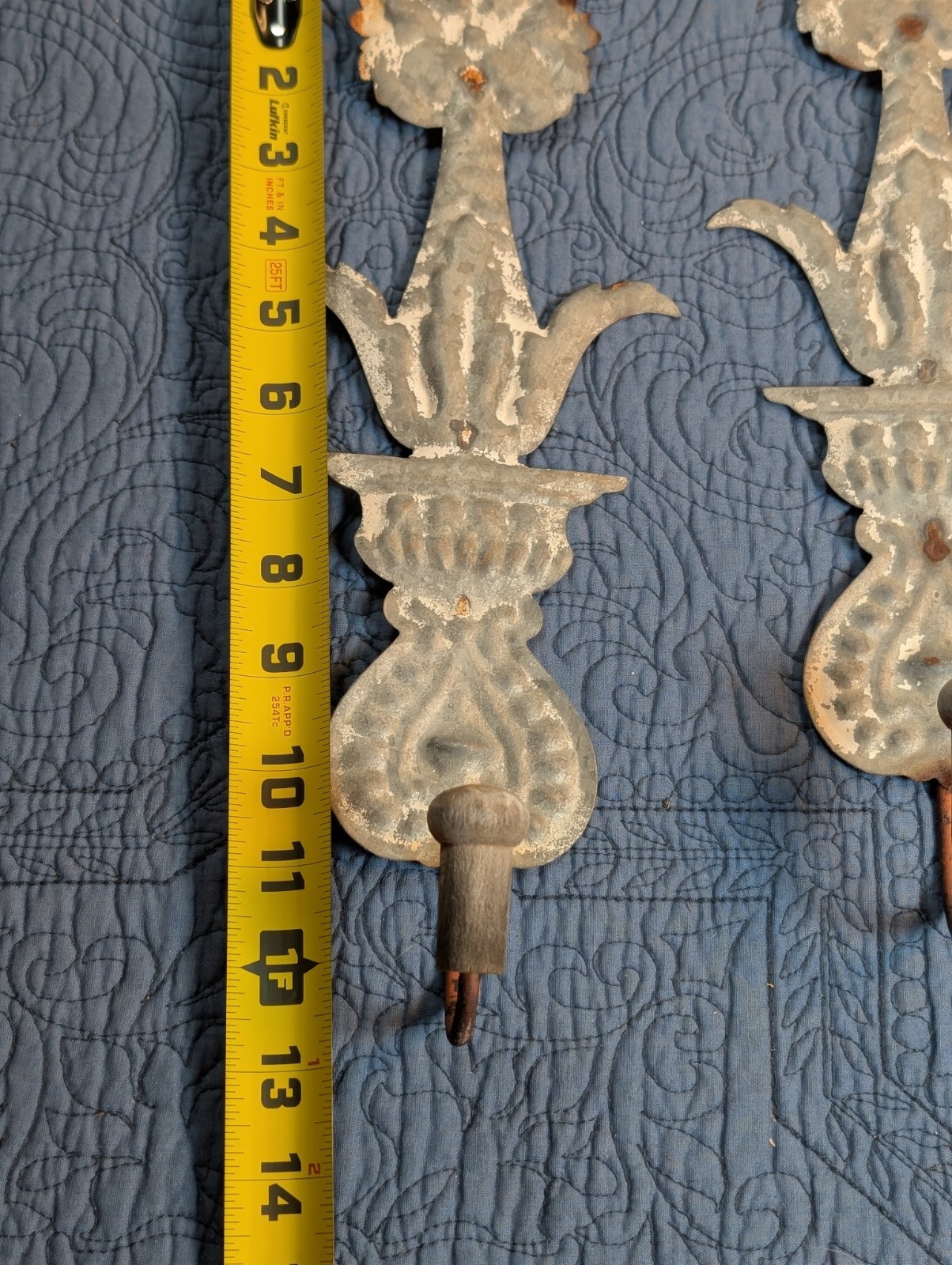 Vintage Embossed Tin Wall Hooks Pair Floral French Country Farmhouse Shabby Chic