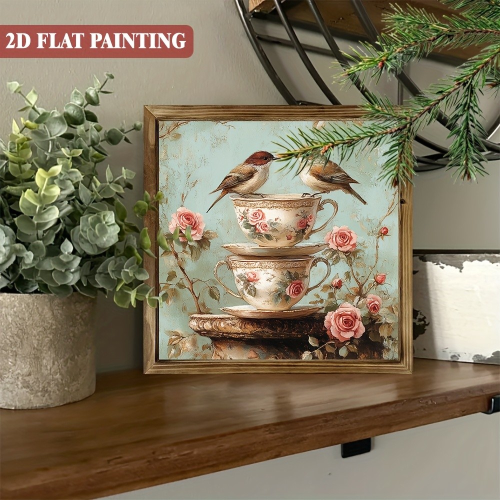 Vintage Bird Floral Teacup Wooden Sign Rustic Farmhouse Decor for Kitchen Cafe