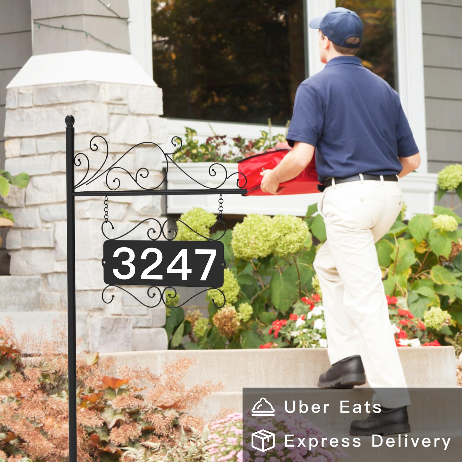 Metal Address Plaque for Outside, House Large Signage, Black Ground Mount