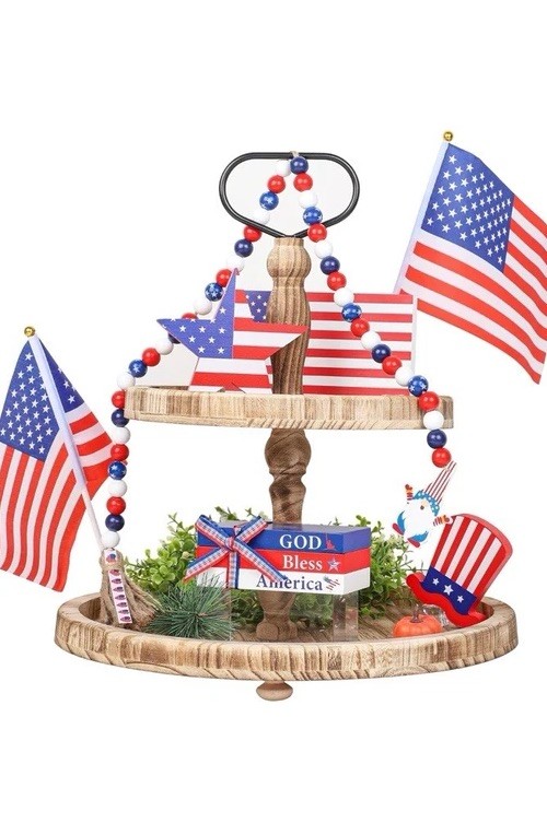 Patriotic 5-Piece ‘Tiered Tray’ Decor USA Flag Wood Signs & Garland *Labor Day*