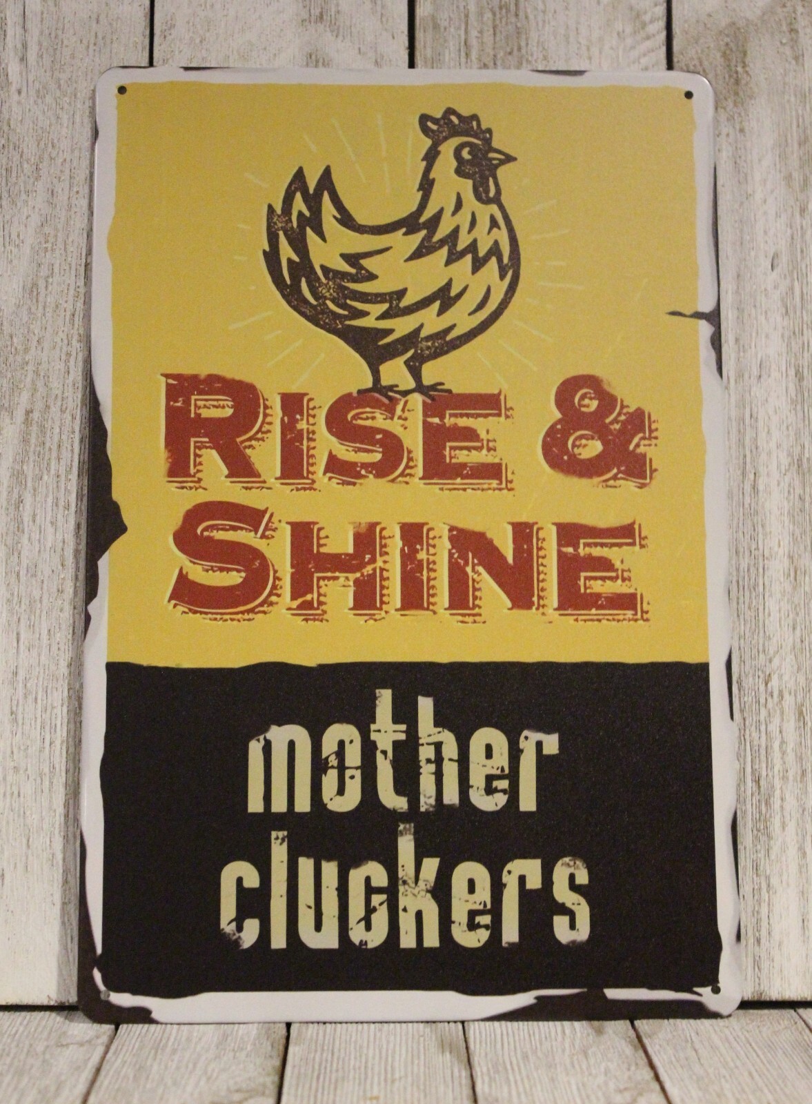 Rise & Shine Tin Metal Sign Mother Cluckers Rooster Rustic Kitchen Decor Funny