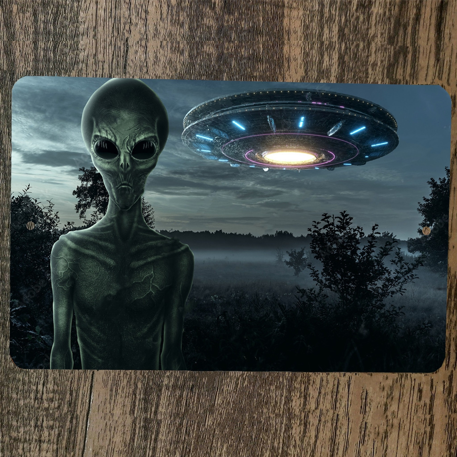 Gray Alien and UFO Flying Saucer 8×12 Metal Wall Sign