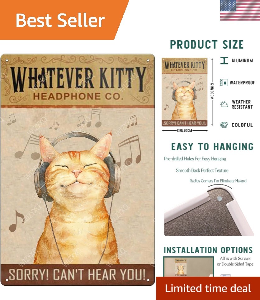 Funny Cat Headphone Company Tin Sign – 8×12 Vintage Decor for Any Setting