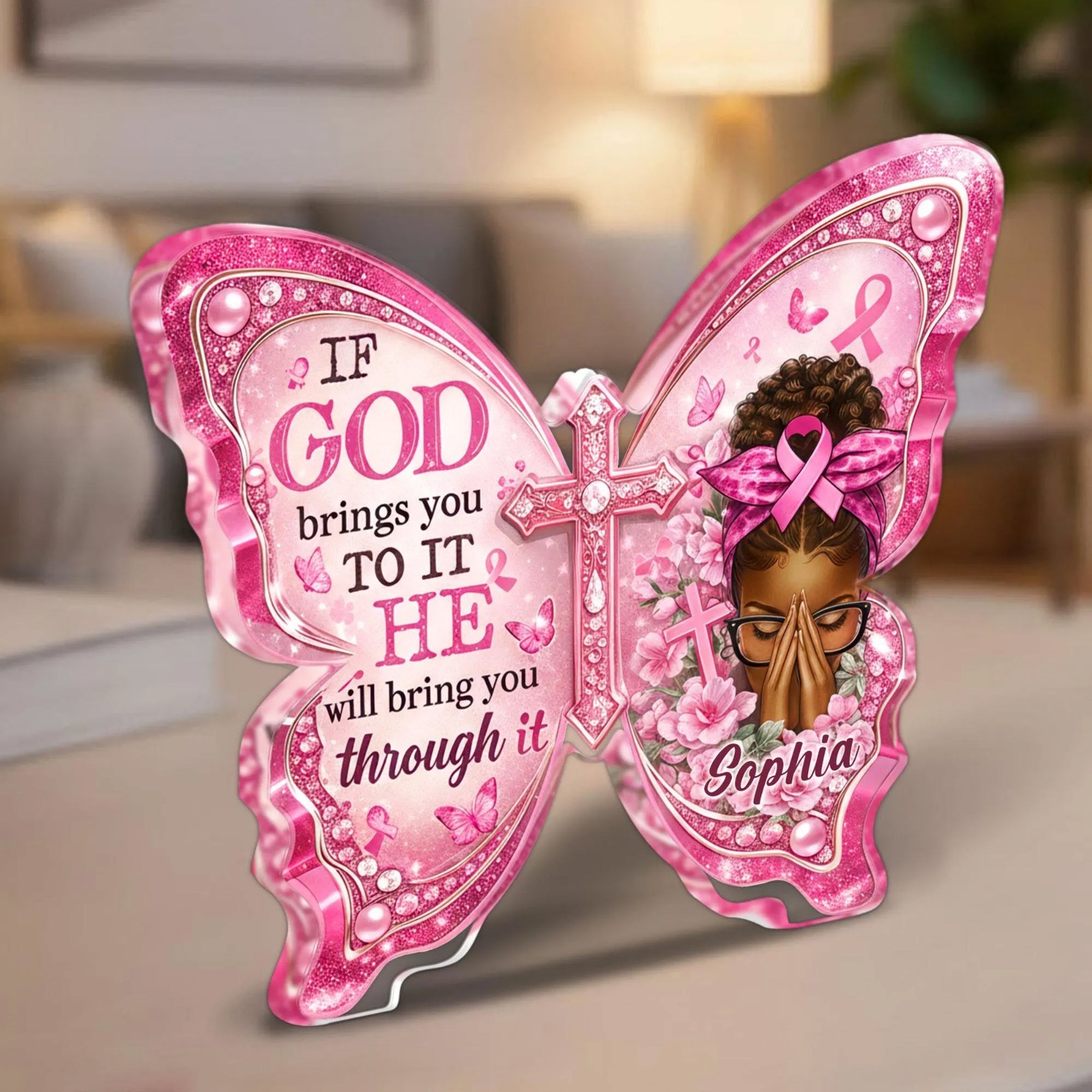 Personalized Breast Cancer Awareness Butterfly Acrylic Plaque Christian Faith Gi