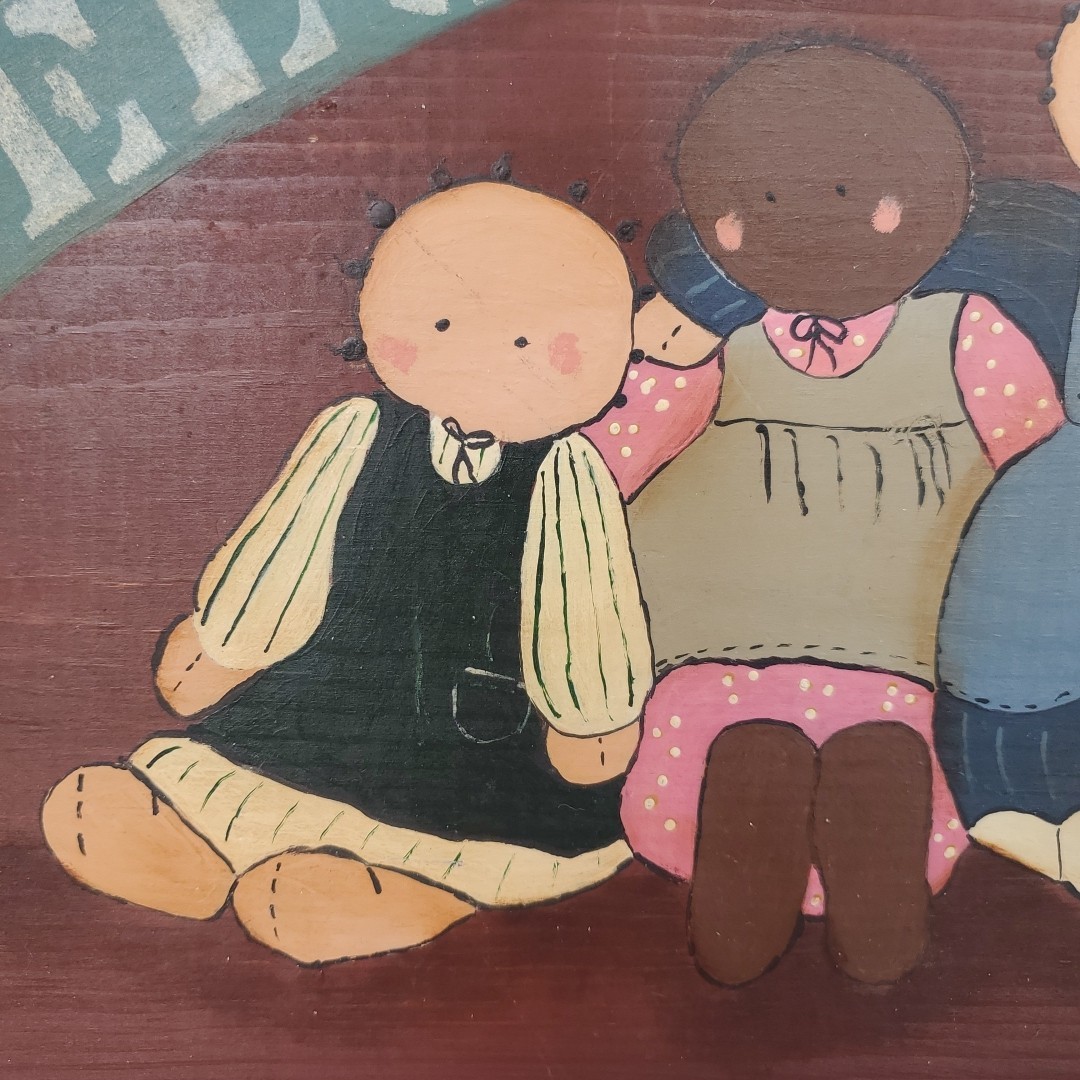 VTG Folk Art Welcome Friends Wooden Half Moon Plaque Sign Rag Dolls Hand Painted