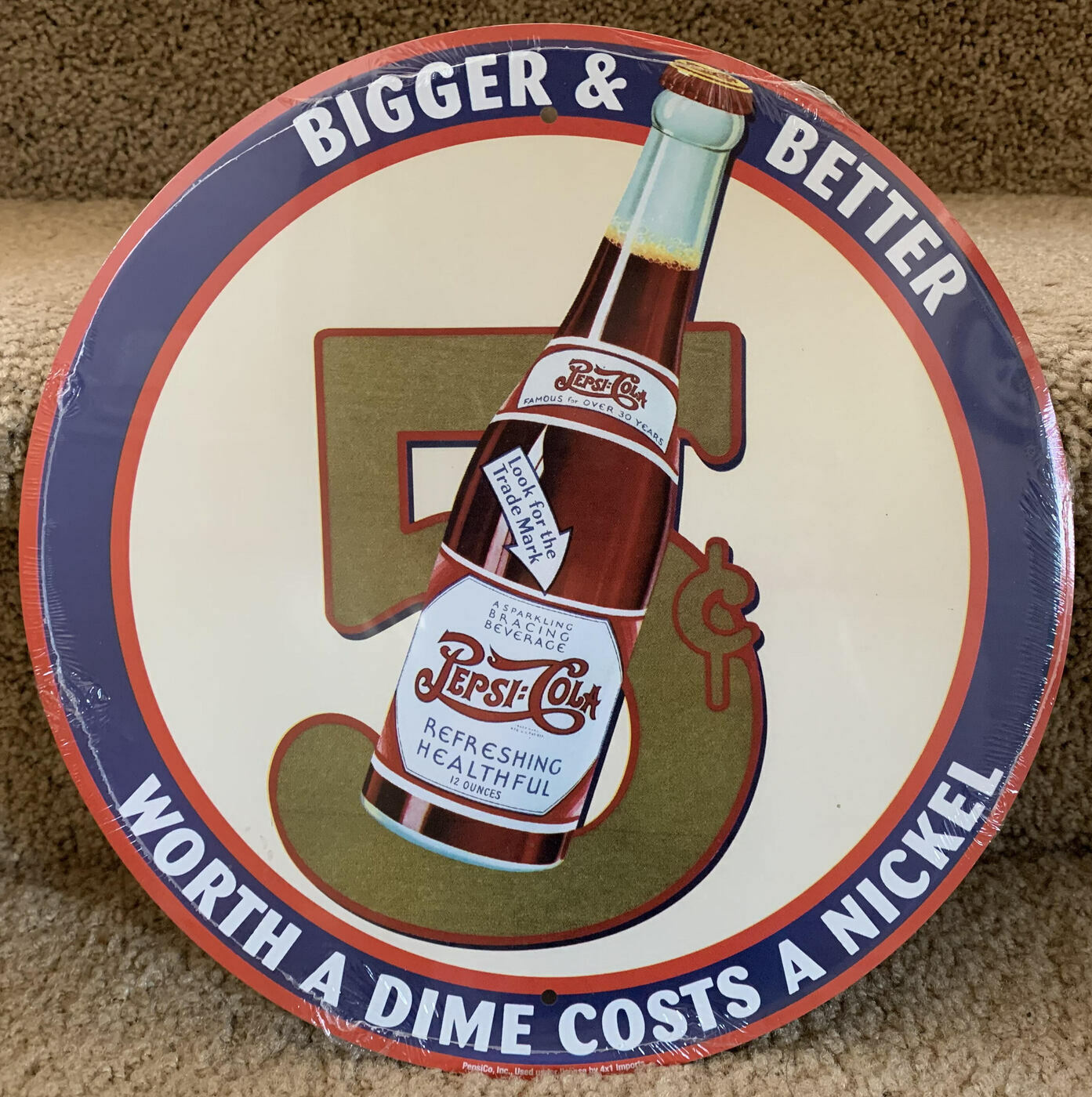 Pepsi-Cola 5 Cents Bigger Better 12″ Round Tin Metal Sign Nostalgic Retro Decor