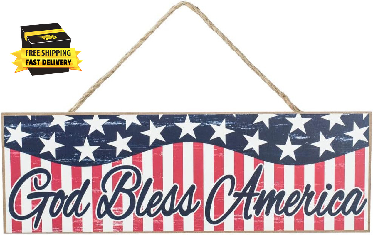 15″ X 5″ God Bless America Patriotic MDF Sign, Red White & Blue Americana Wall D