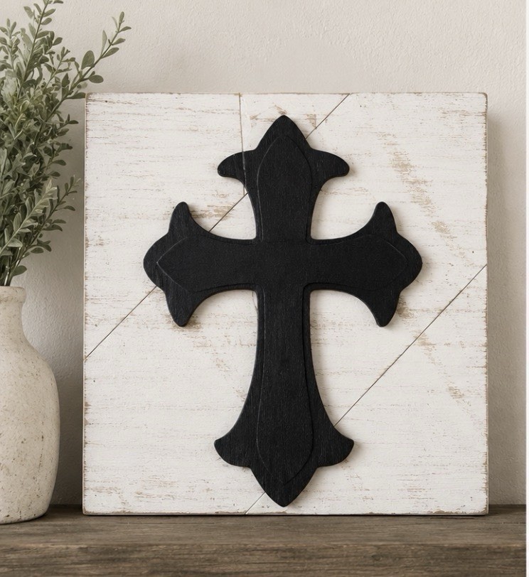 Rustic Distressed White Wood Wall Plaque, Black Cross, Square Horizontal