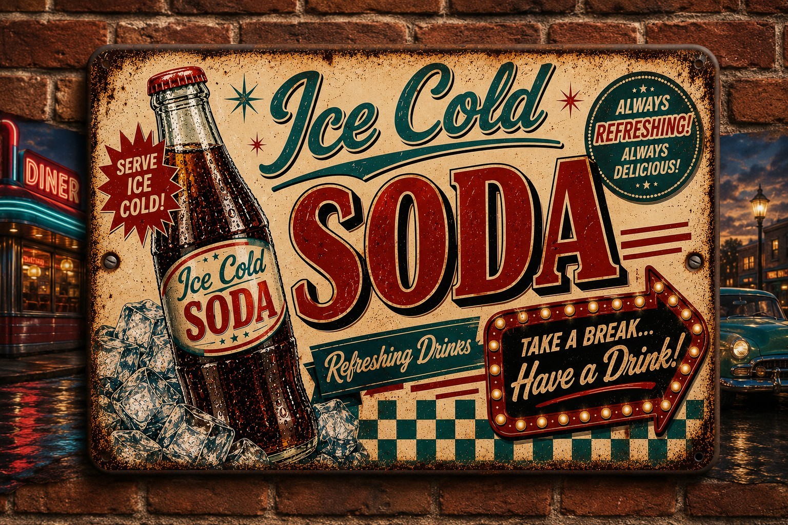 Vintage Ice Cold Soda Tin Sign Retro Diner Pop Bottle Wall Decor 12×8 In