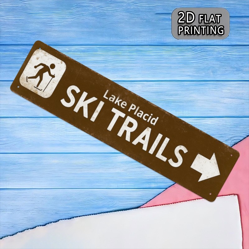 Lake Placid Ski Trails Vintage Brown Metal Sign Ski Lodge Cabin Wall Decoration