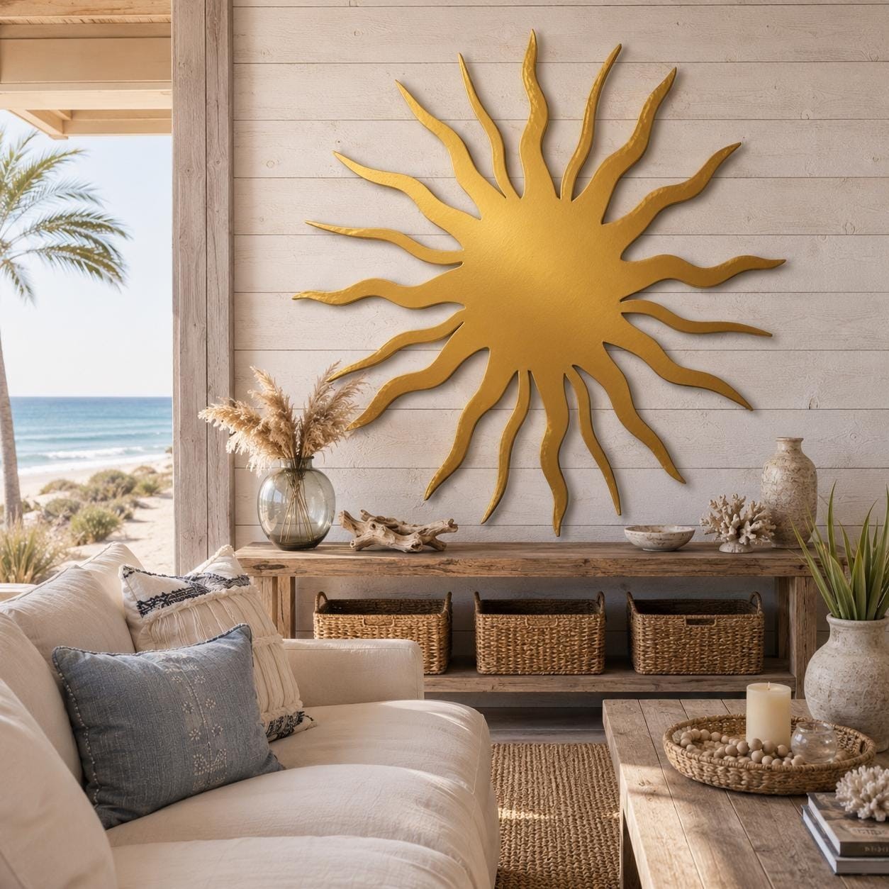 Large Metal Sun Wall Art, Coastal Outdoor Decor, Modern Sunburst Hanging
