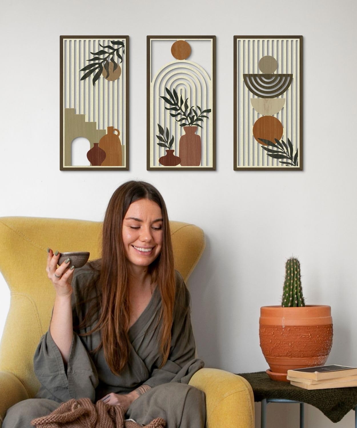 Boho Wall Art Set of 3, Abstract Geometric Wooden Wall Decor, Mid-Century Mod…