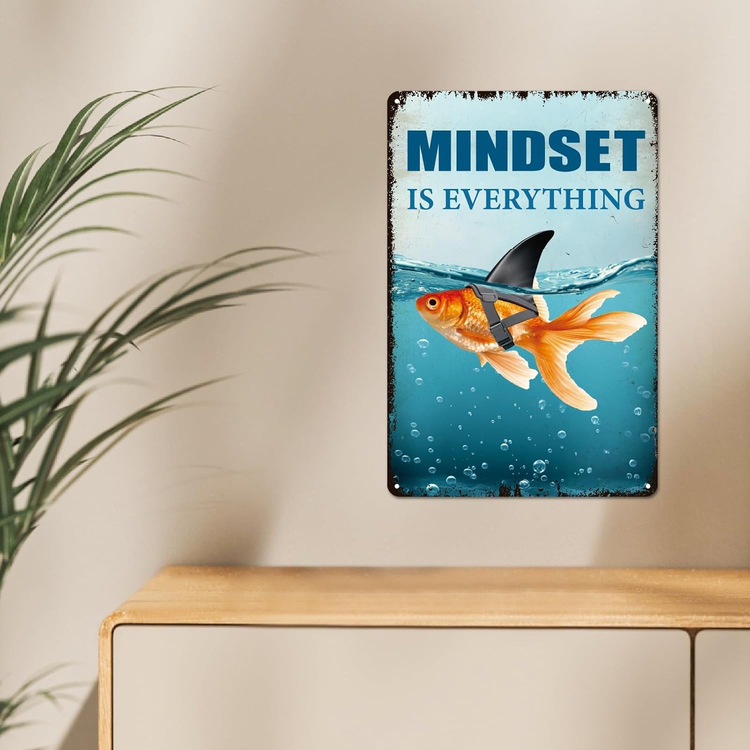 Goldfish Shark Mindset Metal Tin Sign 8×12 Ocean Wall Decor Inspirational Gift