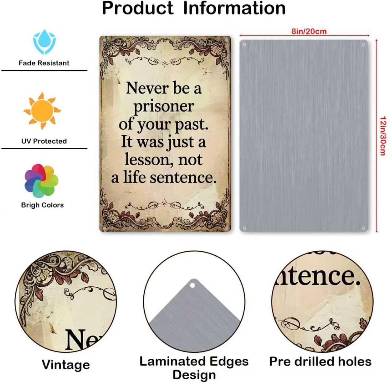 12×8 Inspirational Tin Metal Signs ‘Never be a prisoner of your past’ Vintage