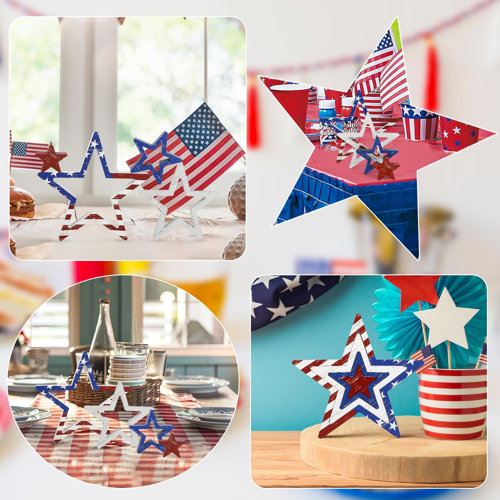 COCHIE 4th of July Decorations Stars Set of 4, Red White Blue Decor, Patrioti…