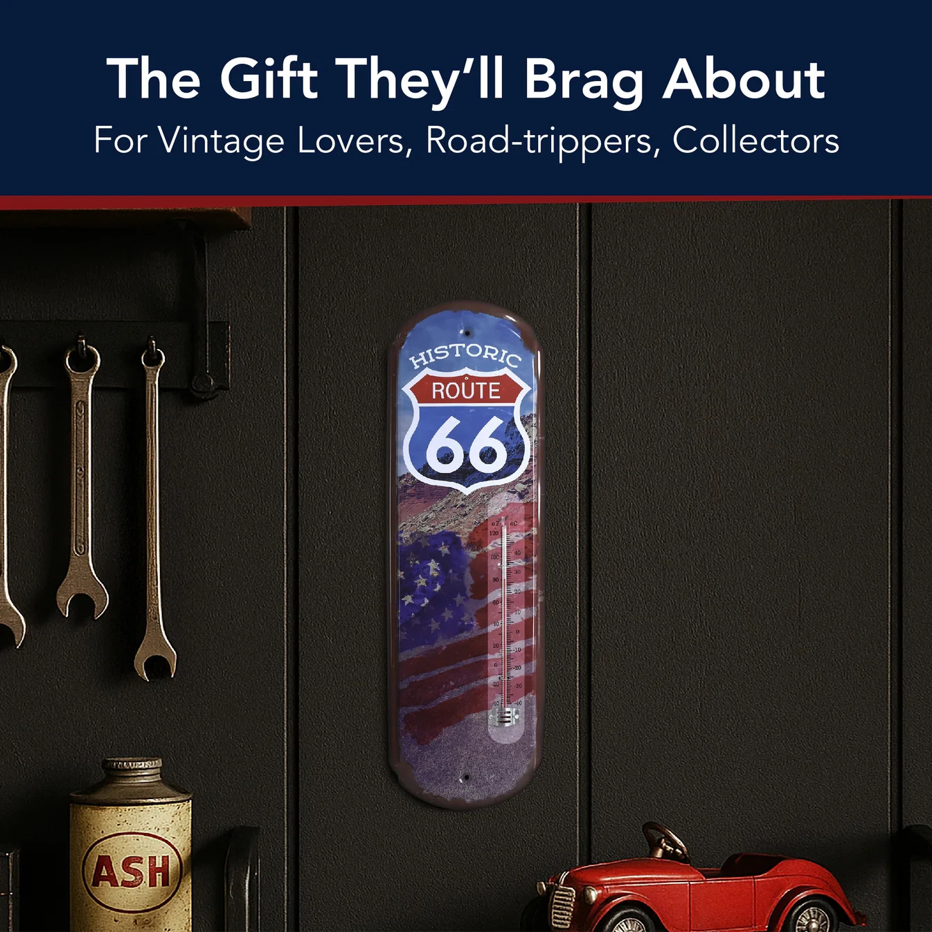 Historic Route 66 Metal Thermometer Sign 17.25″ Vintage Wall Decor Dual-Scale
