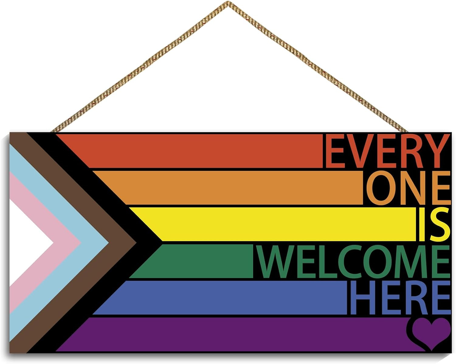 LGBT Rainbow Sign Front Door Decor, Every One Is Welcome Here Pride Flag Wooden