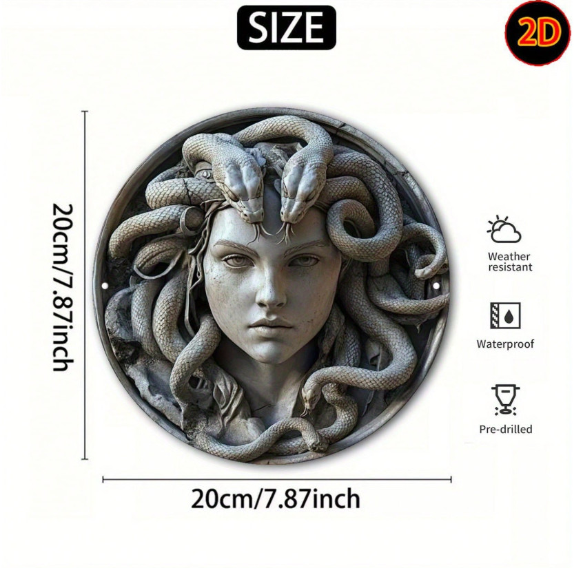 2D Flat Retro Medusa Head Sculpture Wall Art 8 in Round Aluminum Metal Sign, Exq