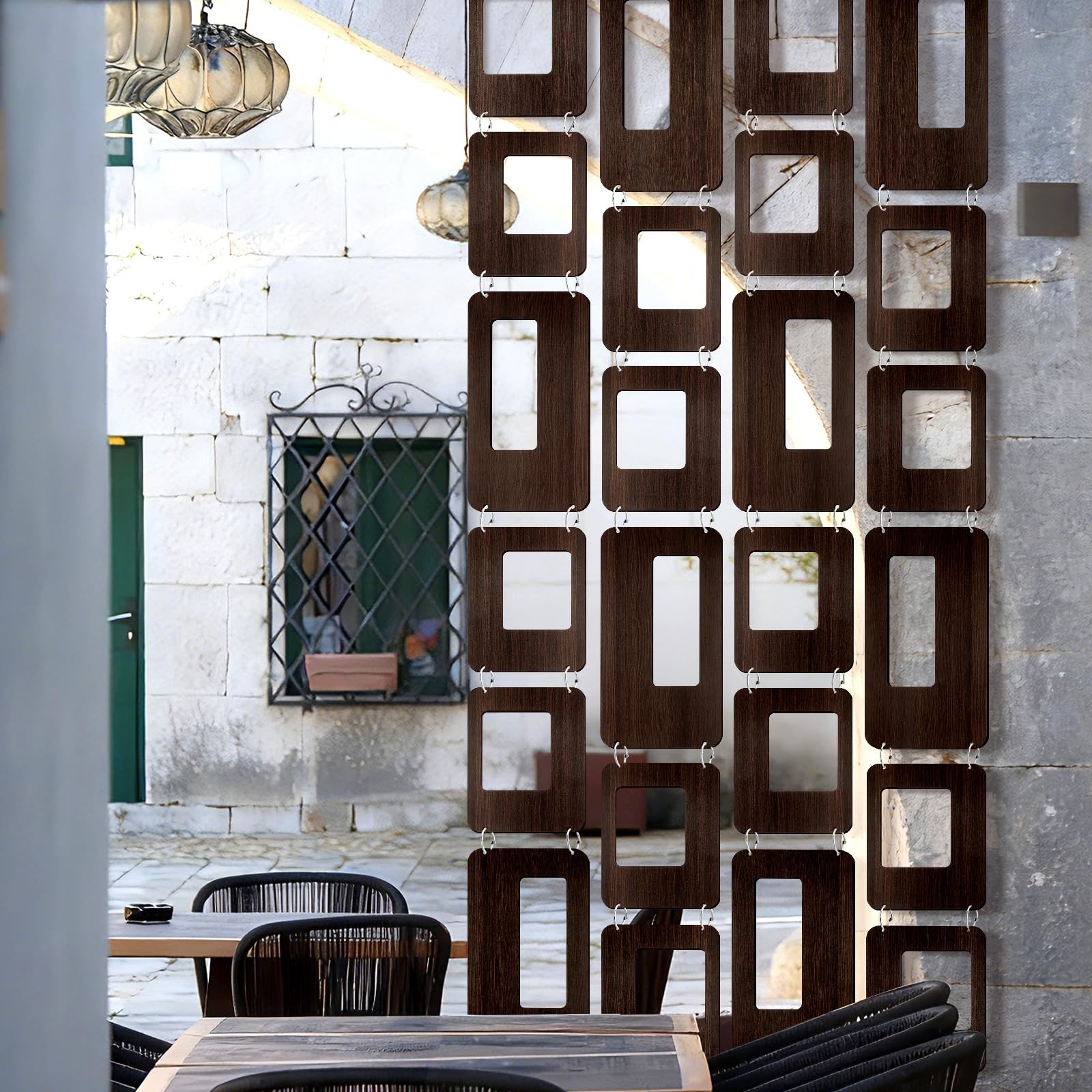 Thyle 4-String Mid-Century Modern Room Divider, Brown Wood Geometric Panels