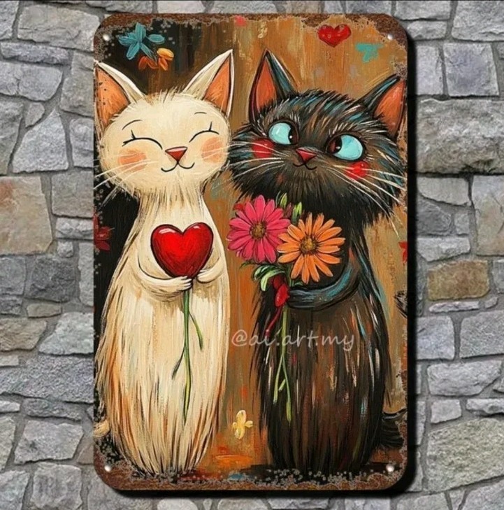 Retro Cartoon Cat Couple Metal Sign 2D Flat Heart Flwr Wall Art Cute Decor 8×12
