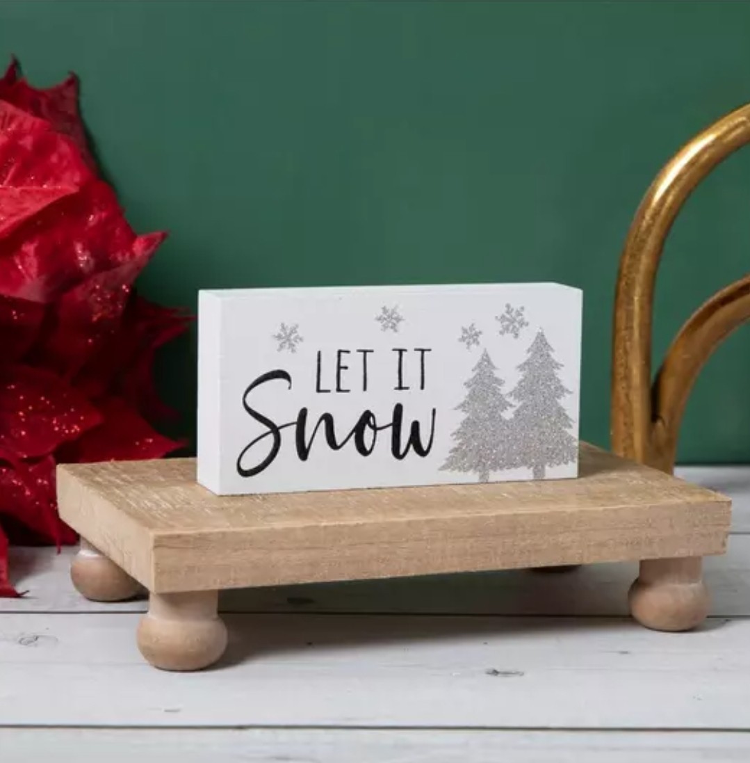 New! “Let It Snow” Snowflake Winter Christmas Wood Sign Decor Trees Tray Glitter