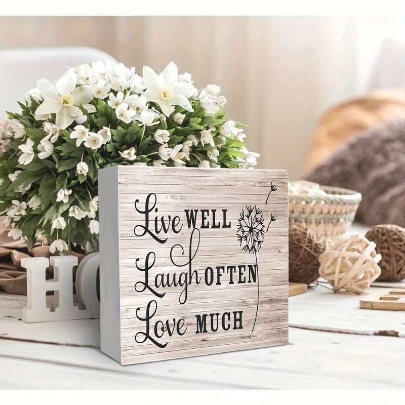 Minimal Dandelion Graphic Live Laugh Love Saying Natural Tone Wooden Sign Gift