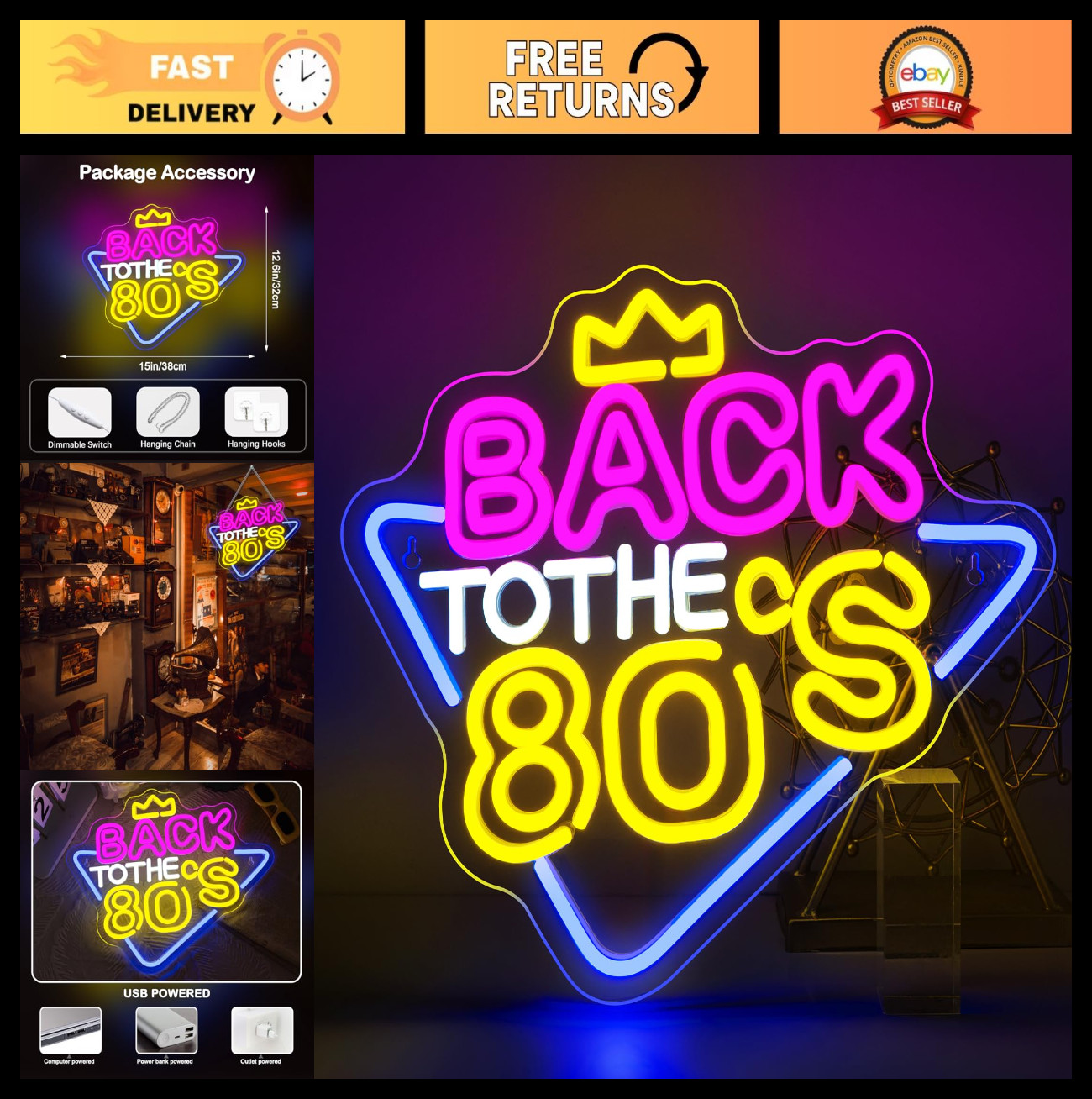 “Retro 80’s Neon Sign – USB Powered LED Wall Decor for Parties & Events”