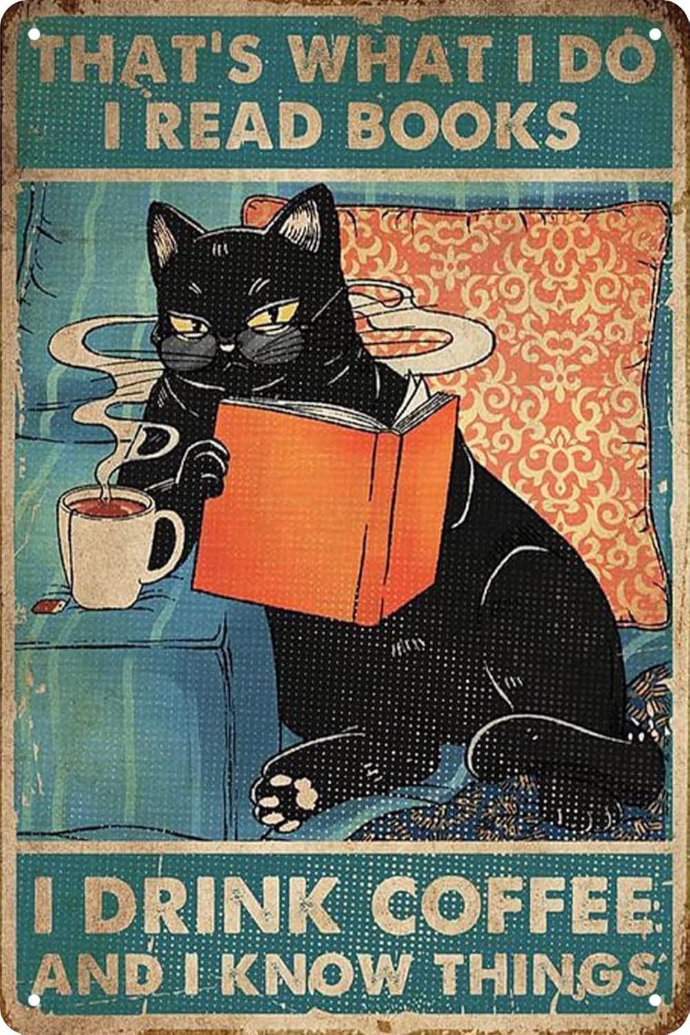 Vintage Cat Tin Sign,Funny Coffee-Drinking Cat Metal Sign,Retro café Wall Decor