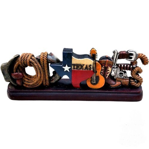 Texas God Bless Pistols Boot Rope Guitar 4 x 11 1/2in Rustic New Resin