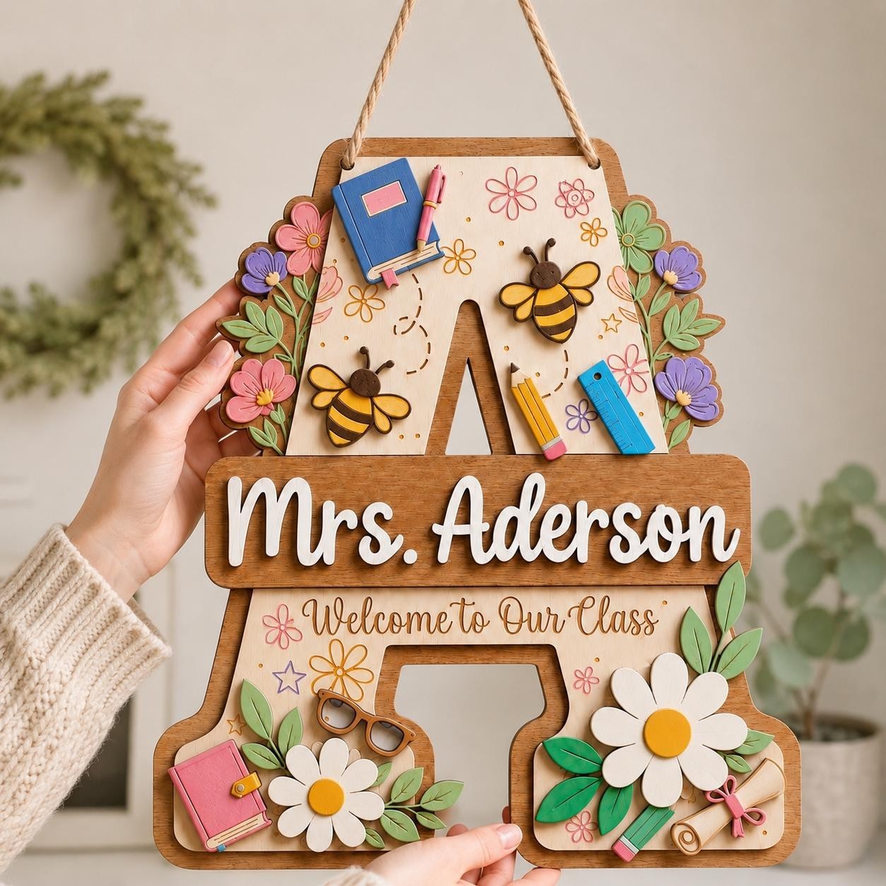 Personalized Teacher Initial Door Sign Custom Name Classroom Welcome Decor