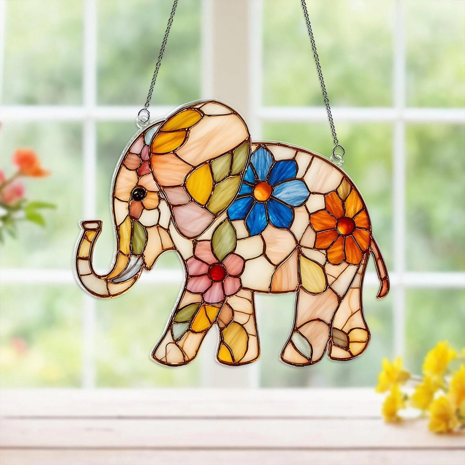 Floral Elephant Acrylic Suncatcher, Colorful Flower Elephant Window Hanging