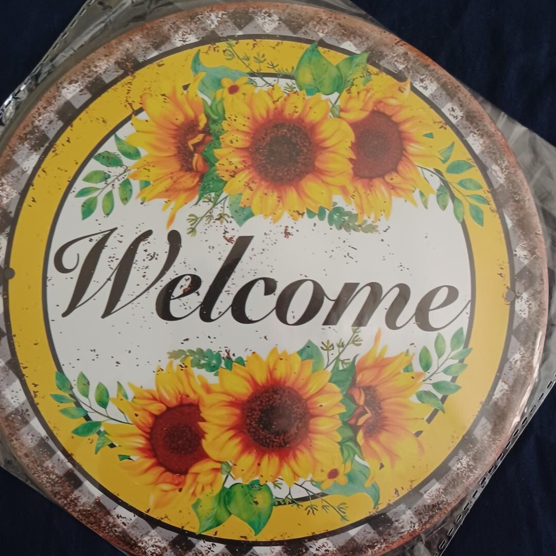 8″ Round Metal Sign Rustic Indoor Outdoor Flowers Love Happy Wall Art Welcome #2