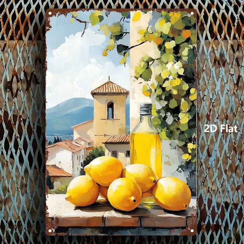 Metal Landscape Sign Lemon Olive Oil Vintage Wall Art 8×12 Inches