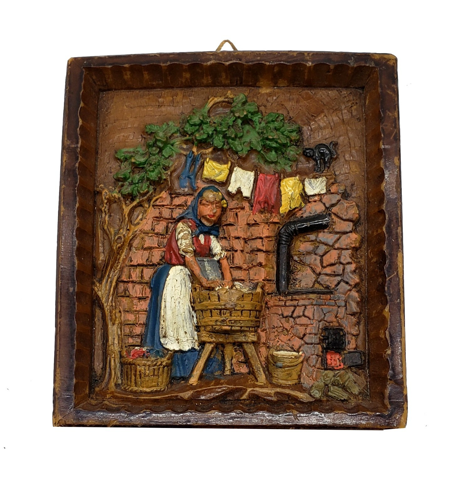 Vintage German 3D Wax Folk Art Wall Plaques Pair Hand Crafted Painted