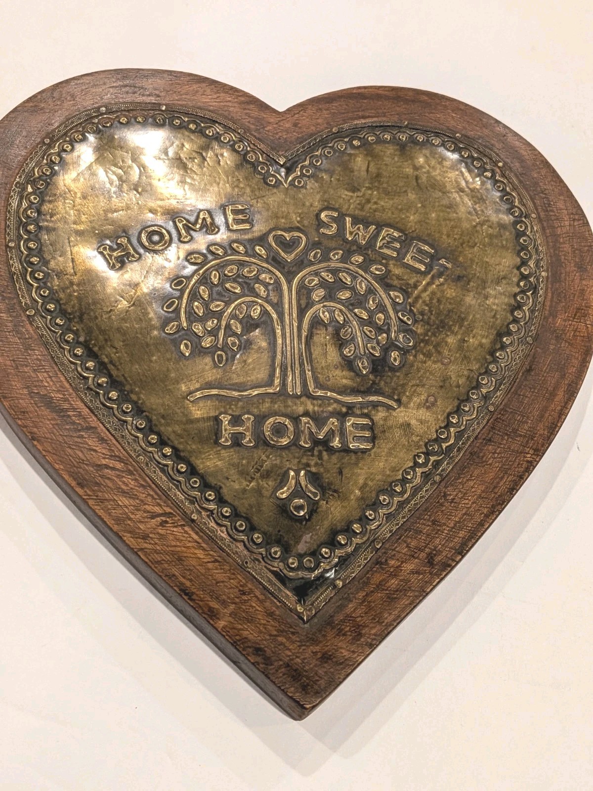 Vintage Wood Heart Brass Inlay “Home Sweet Home” Wall Hanging Plaque/Decor