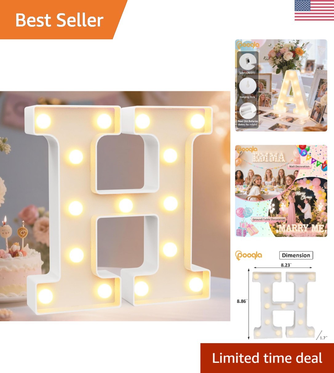 LED Marquee Letter H Sign – Warm White Battery-Powered Decoration for Events