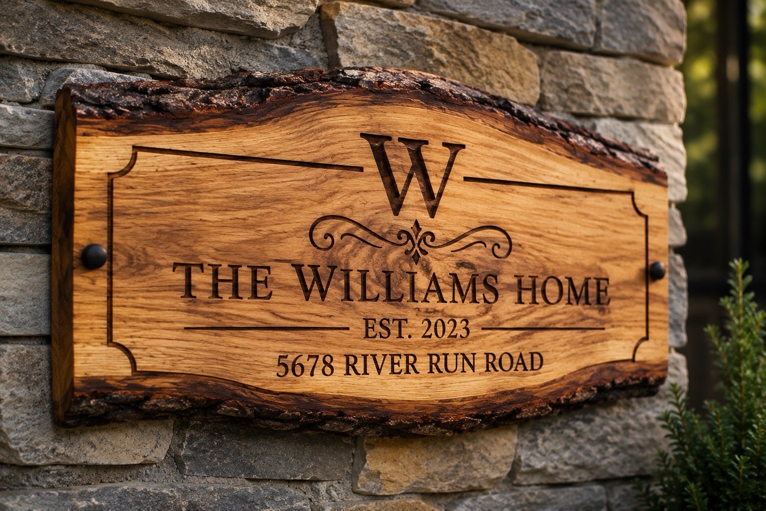 Personalized Engraved Live Edge Wood Family Name Address Sign
