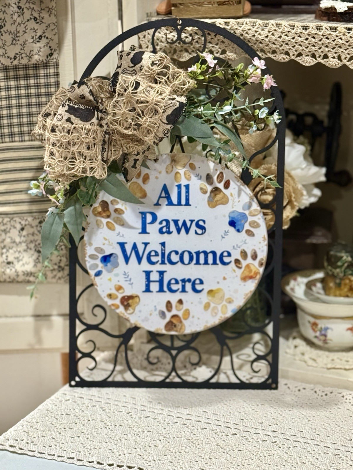 Handcrafted All Paws Welcome Wreath-Wall Decor , 9×16”, Metal Burlap, Light