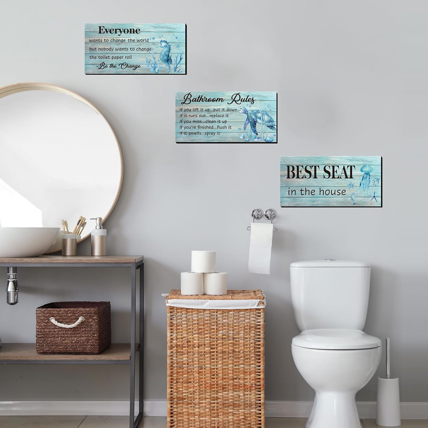 3-Piece Teal Sea Turtle Wall Art – Funny Ocean Beach Bathroom Rules Signs – Best