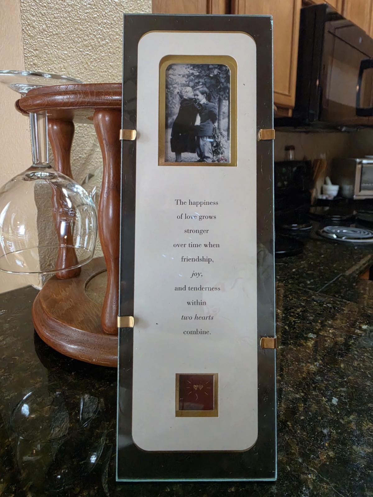 Vintage Glass Desk Plate Plaque, Inspirational Love Quote, Gold Accents, 9″ Tall