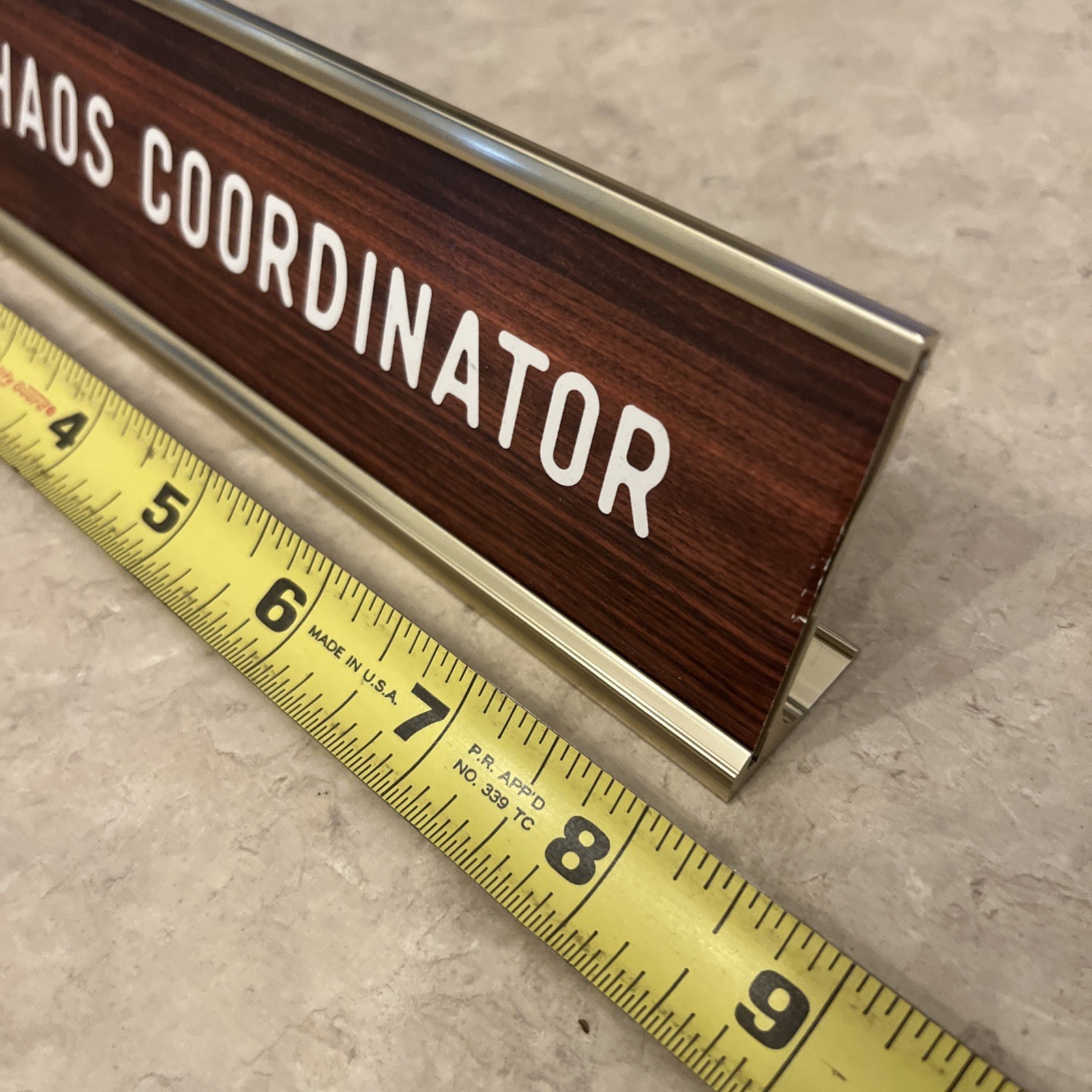 Desk Plaque – “Chaos Coordinator” – Brown Woodgrain/White/Gold – 8″ long Vtg