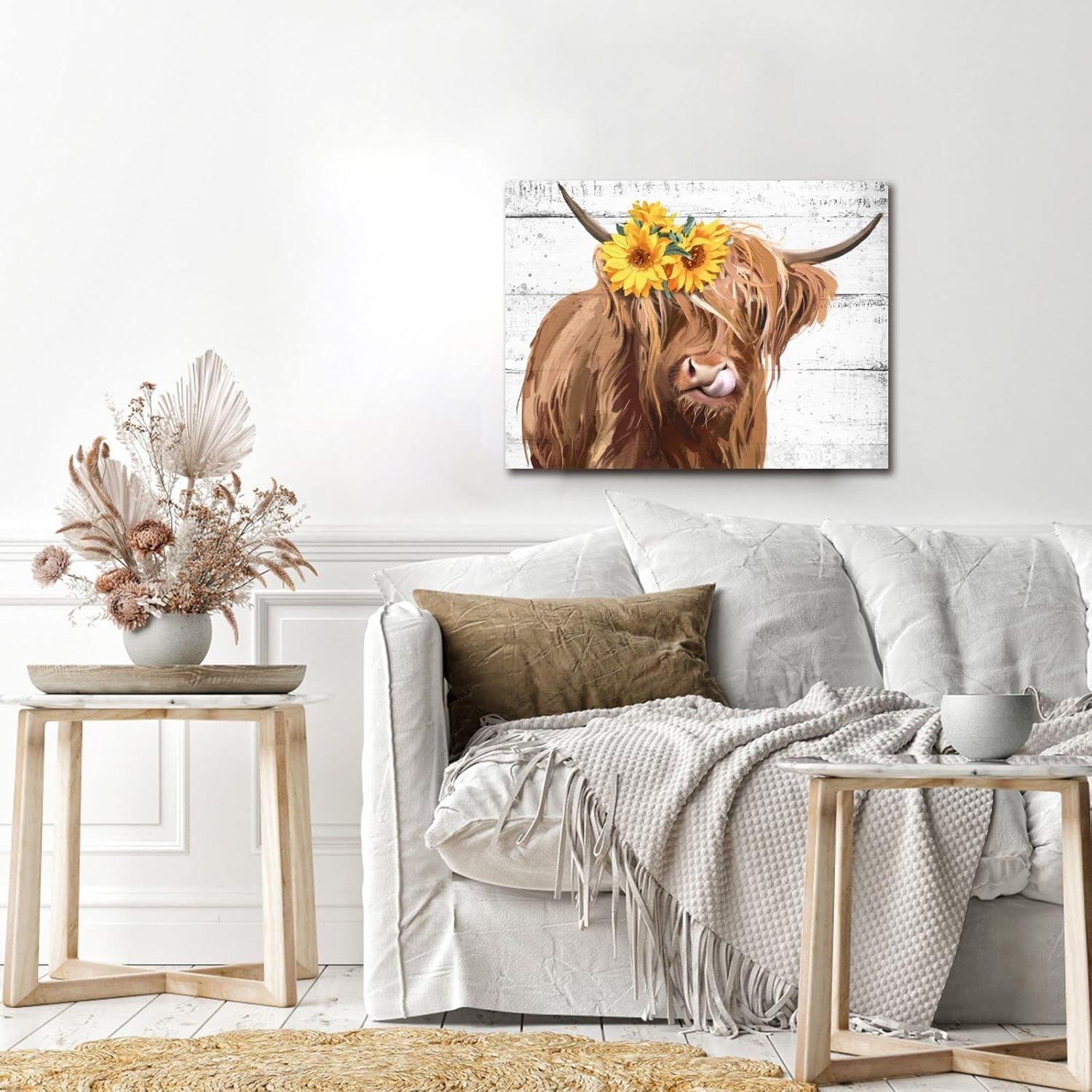 Highland Farmhouse Cow with Sunflowers Wall Decor – Rustic Cute Brown Cattle Pos