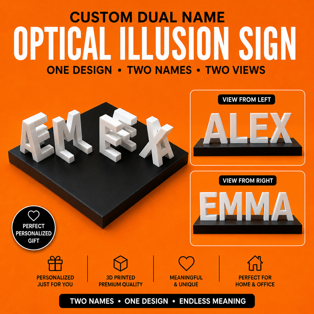 Custom Dual Name Optical Illusion Sign Personalized 3D Printed Couple Gift