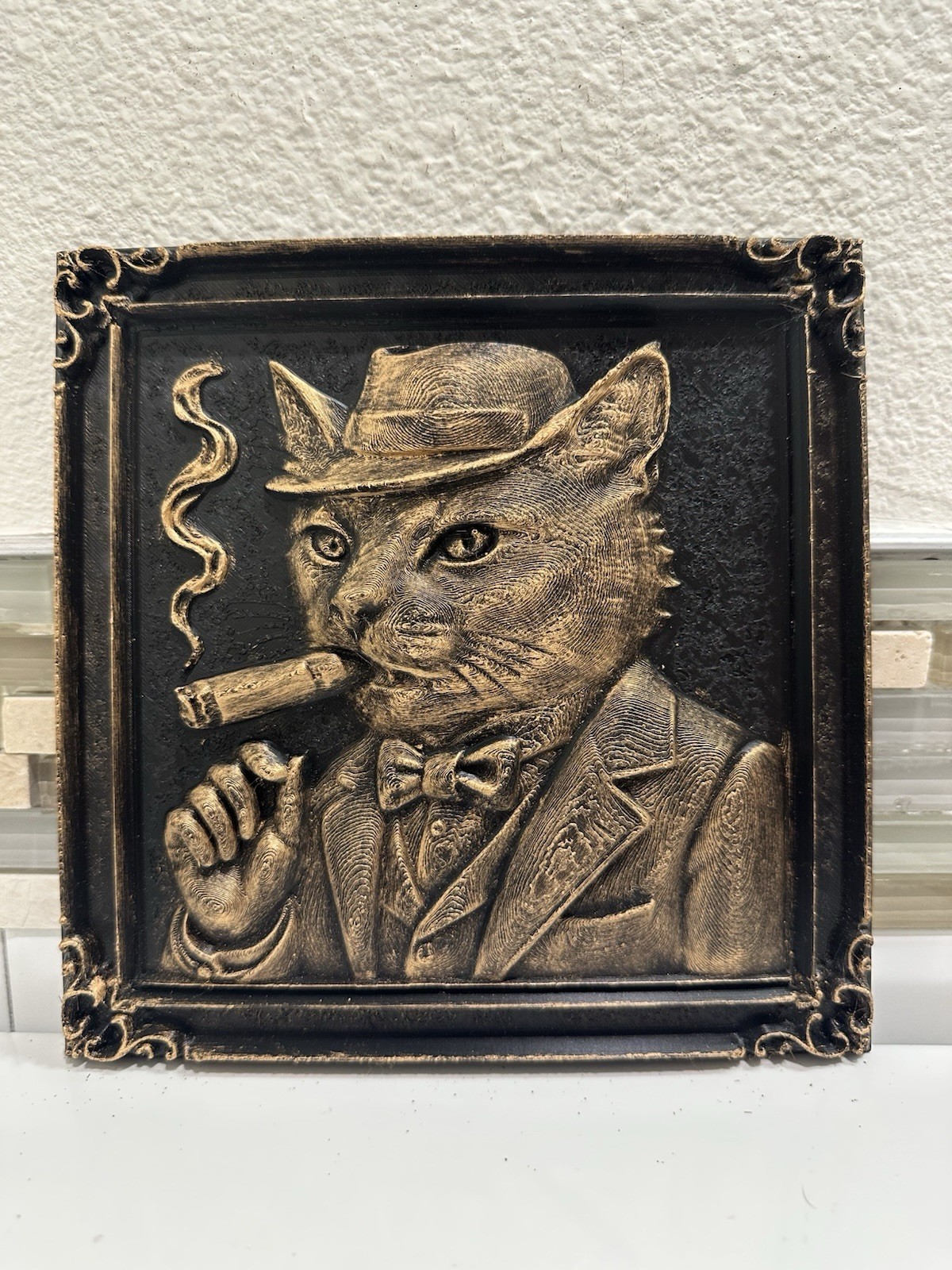 3D Vintage Antique Cat In Suit Smoking Cigar 8” X 8” Plaque Wall Art Sculpture