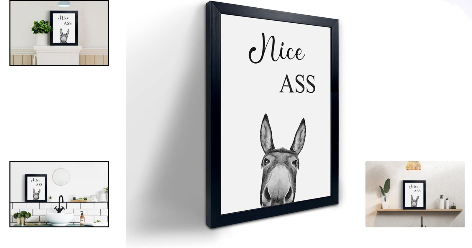 Black Framed 8×10 Donkey Animal Prints – Humorous Bathroom Wall Art