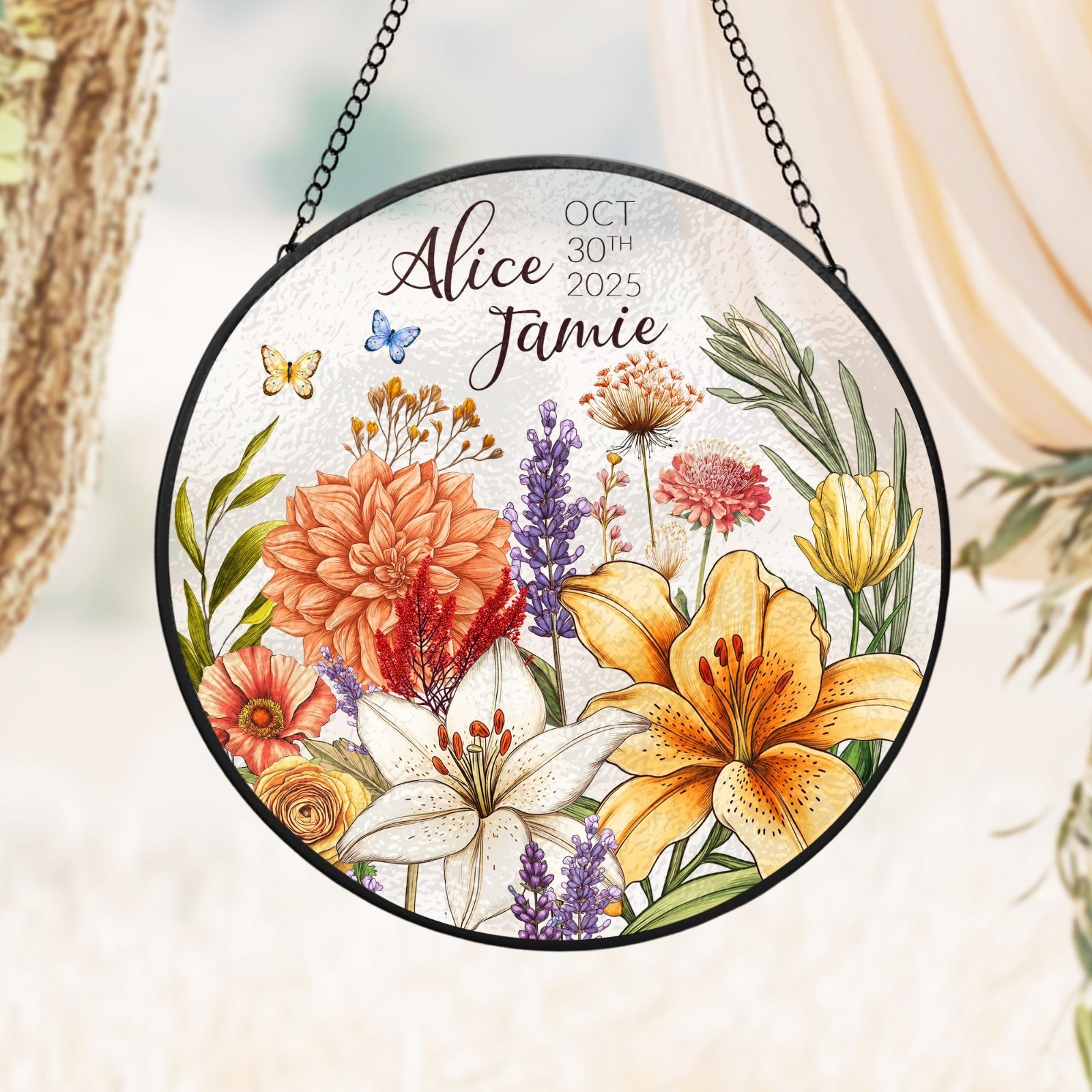Personalized Wedding Flowers Glass Suncatcher, 1st Anniversary Gift