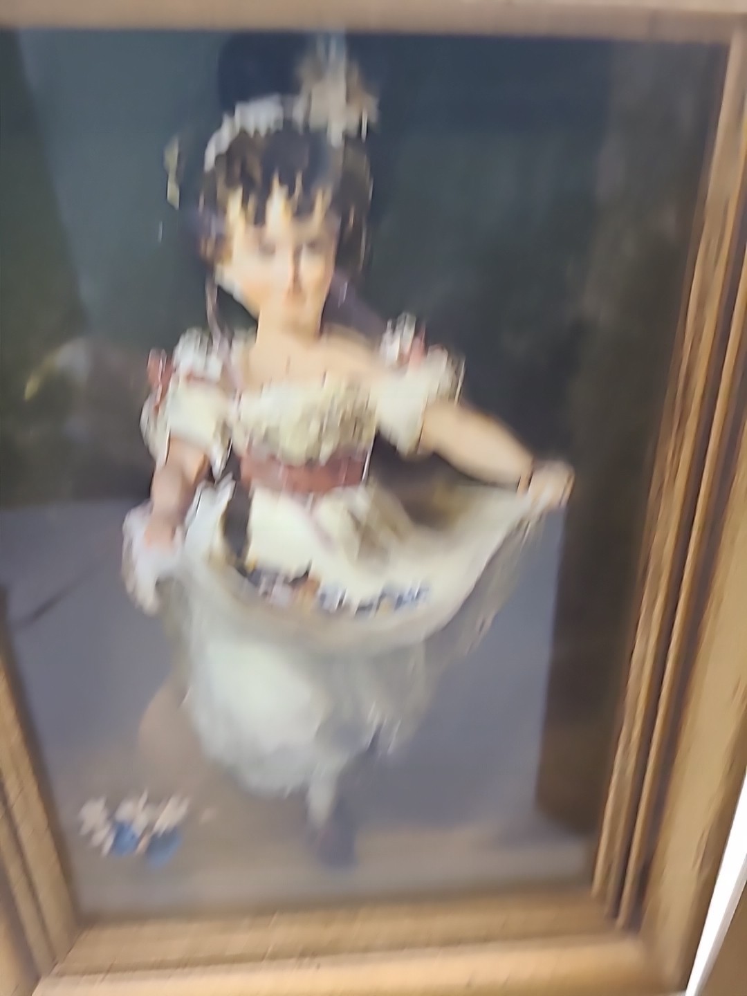 Pictures girl & boy in 3D paper in gold frame shadowbox. Glass,dried flowers.Vtg