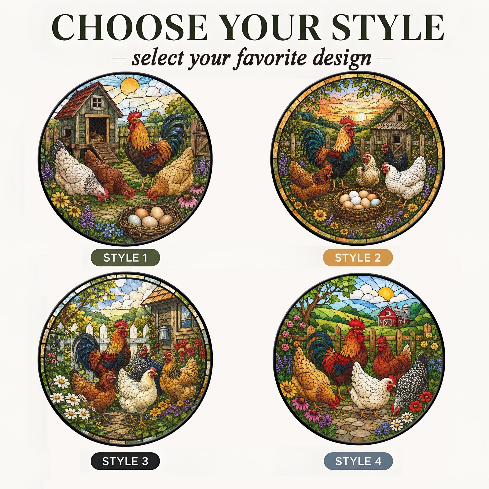 Stained Glass Backyard Chicken Suncatcher, Rooster & Hen Window Decor