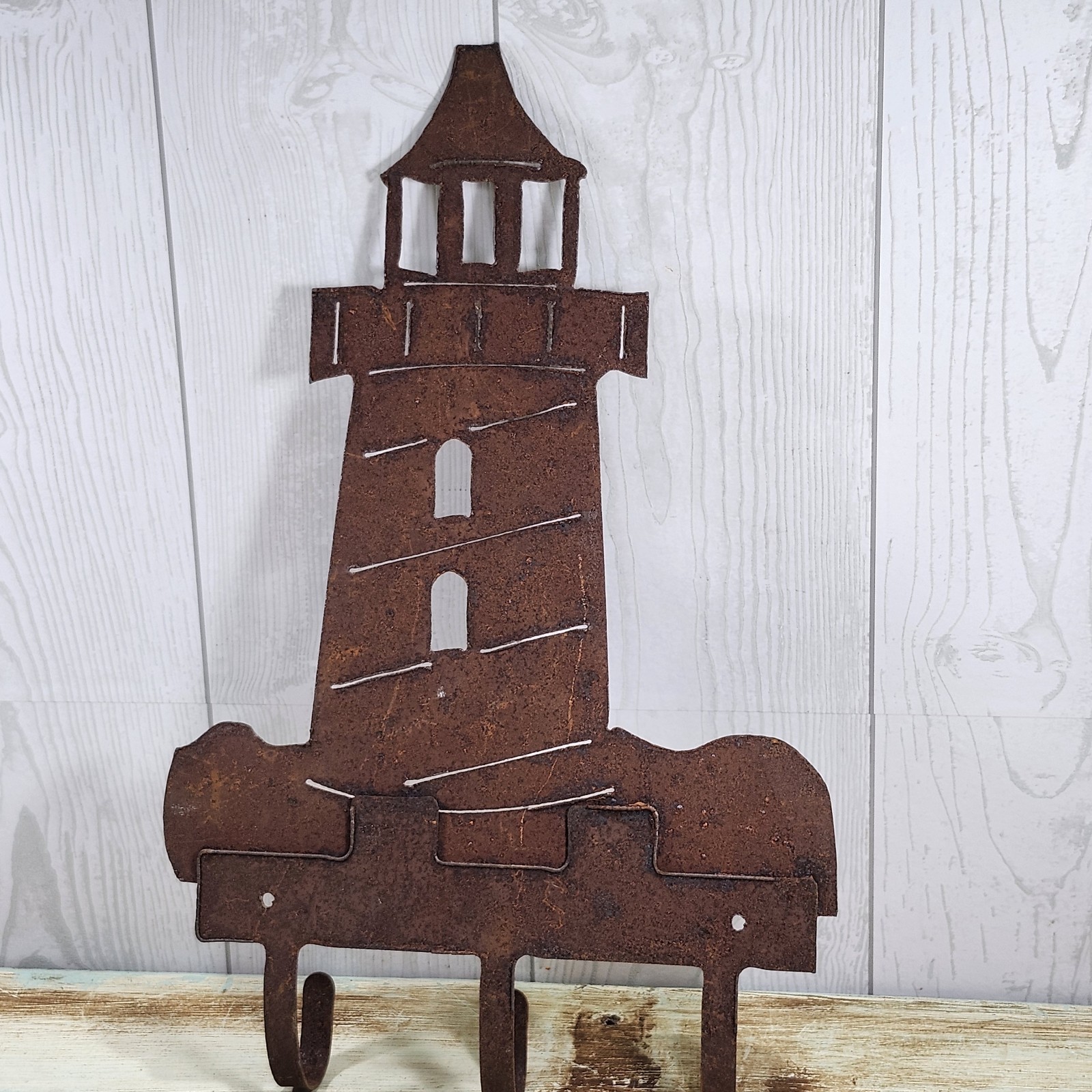 Rustic Cut Metal Lighthouse Garden Decor Wall Art With Hooks Rusty Primitive 14″